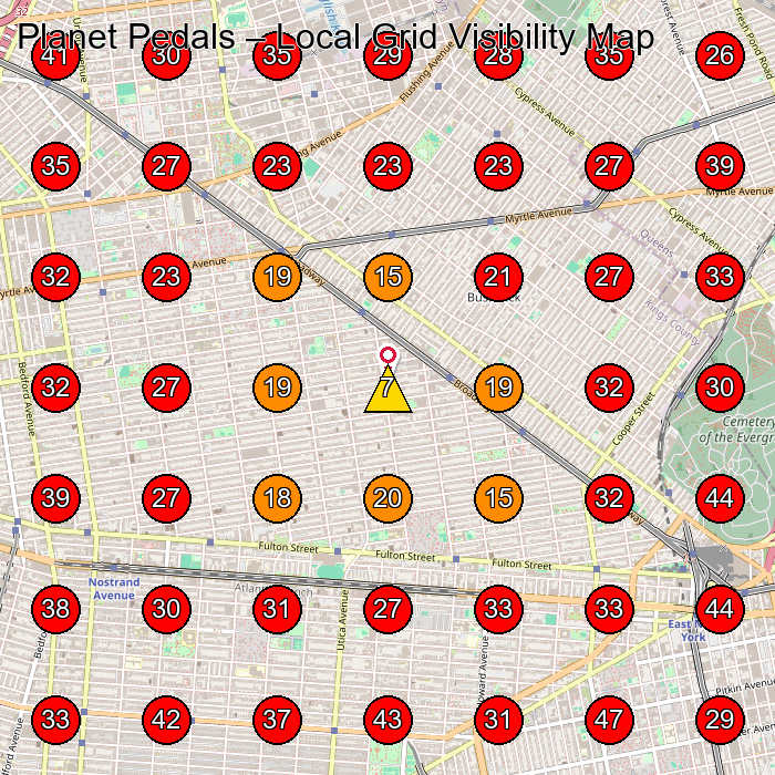 Planet Pedals GeoGrid visibility map for Bicycle Store in Brooklyn